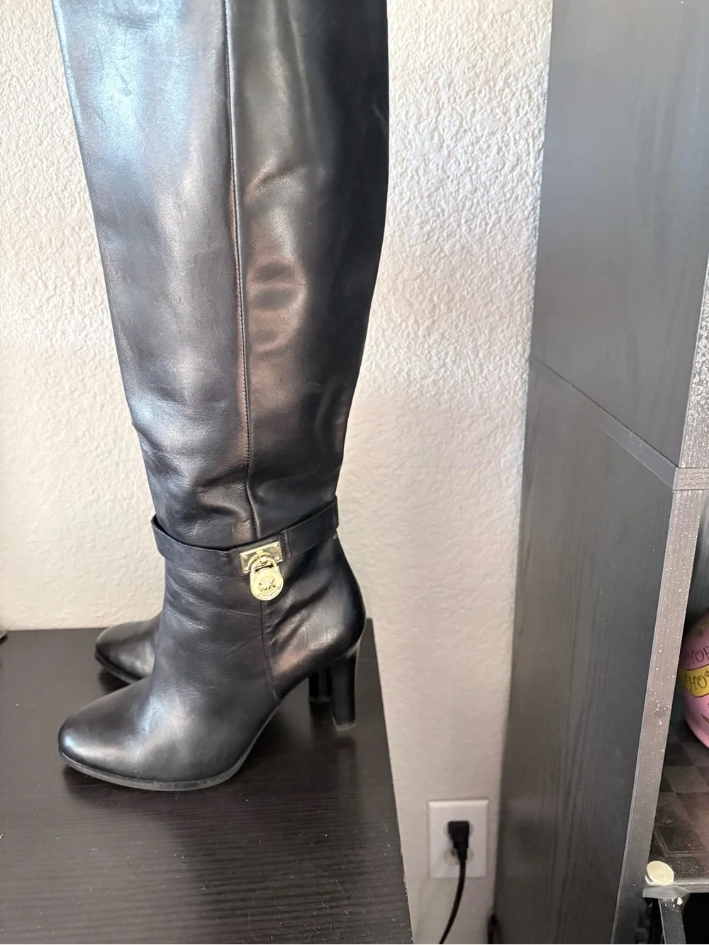 Michael Kors Black Leather Over-the-Knee Boots with Gold Charm